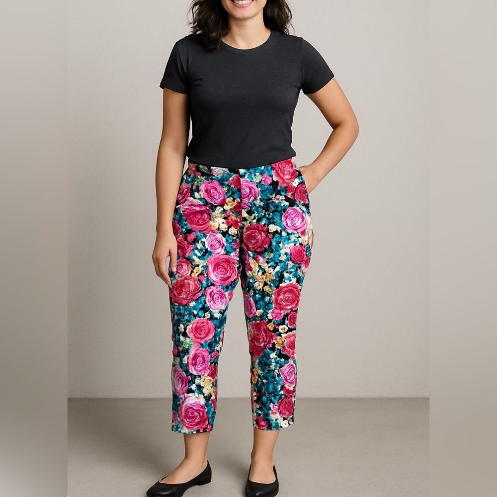 New York & Co. Stretch Colorful Floral Straight Leg Crop Pants Size 14. So fun!